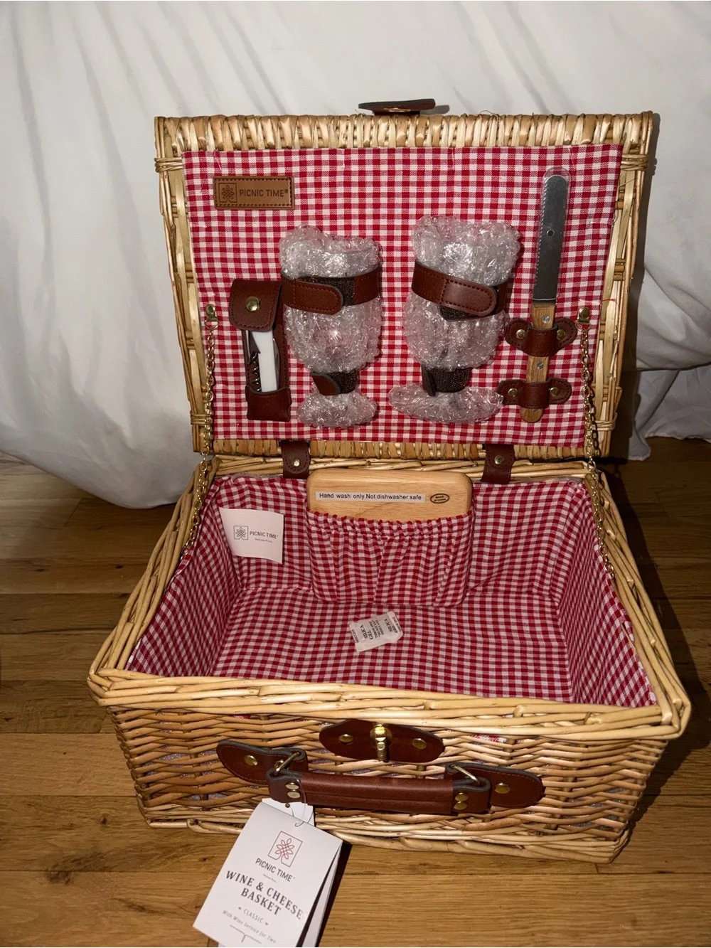 Classic Wicker Wine & Cheese Picnic Basket - Red Gingham Lining